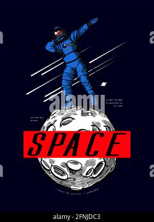Astronaut tabbing steht auf dem Mond im blauen amerikanischen Raumanzug. Sterne fliegen schnell vorbei. Space Illustration T-Shirt-Druck. Stock Vektor