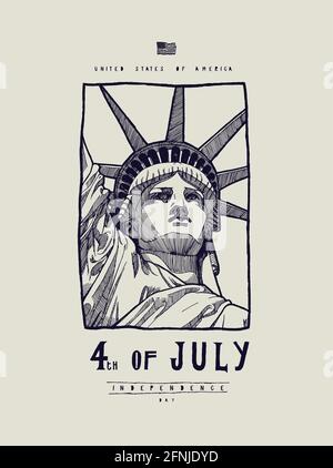 Freiheitsstatue mit Vintage-Print am amerikanischen Unabhängigkeitstag vom 4. juli Stock Vektor