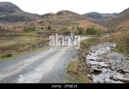 Spaziergänger, die im Coppermines Valley, Lake District, Cumbria, England, spazieren gehen. Stockfoto