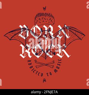 Fledermaus Feuer und Knochen Musik Print - Born to Rock Stock Vektor
