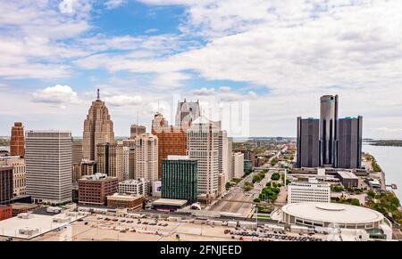 Detroit, Michigan - eine Luftaufnahme der Innenstadt von Detroit. Stockfoto