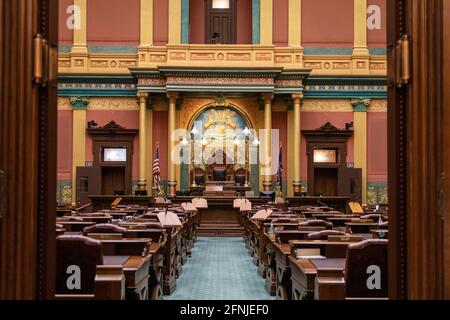 Lansing, Michigan - die Kammer des Repräsentantenhauses im Michigan State Capitol. Stockfoto