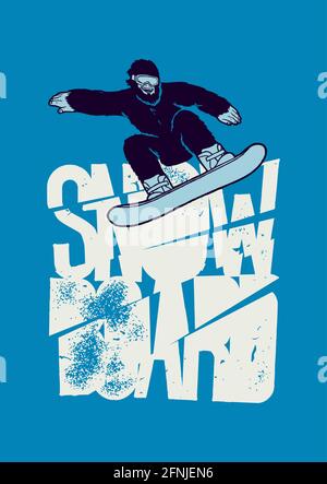 Bigfoot Snowboarding. Yeti auf dem Snowboard. Wintersport Schneemann. Stock Vektor