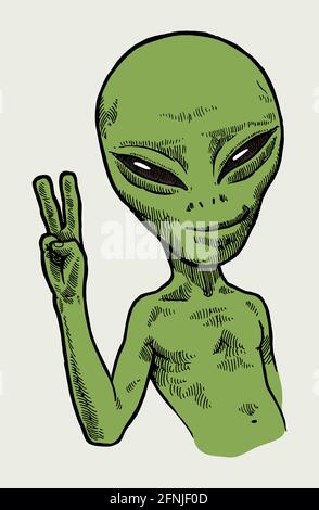 UFO-Alien lächelt mit einer zwei-Finger-Friedensgeste isoliert Vektorgrafik für Leerzeichen Stock Vektor