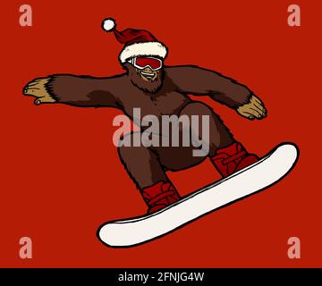 Bigfoot in Santa Claus Hut Reiten Snowboard. Yeti Snowboarder. Stock Vektor