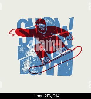 Bigfoot Riding Snowboard mit Vintage Ice Typografie in Stücke geschnitten. Stock Vektor