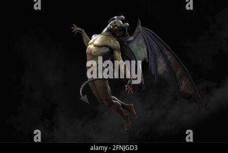 3D-Fantasy-Illustration von Dämon und Teufel und dunklen Flügeln mit Schnittpfad. Stockfoto