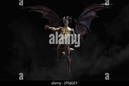 3D-Fantasy-Illustration von Dämon und Teufel und dunklen Flügeln mit Schnittpfad. Stockfoto
