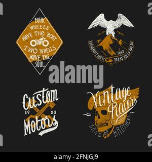 Biker-Print-Set: Zwei Räder bewegen die Seele, du bist nicht geboren, um Rechnungen zu bezahlen und zu sterben, Custom-Motoren, Vintage-Rennfahrer Totenkopf in geflügeltem Helm Stock Vektor