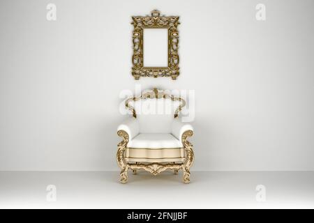 Luxuriöser weißer Sessel mit goldenem Rand und Bildrahmen, Vorderansicht. 3d-Rendering Stockfoto