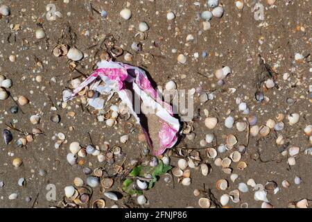 Alte Plastikverpackungen liegen am Strand auf dem Sand. Konzept der Umweltverschmutzung. Schmutziges Meer. Ökologisches Problem. Speicherplatz kopieren. Stockfoto