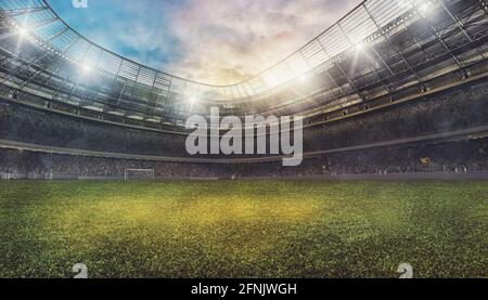 Fußballstadion mit den Tribünen voller Fans, die auf das Spiel warten. 3D-Rendering Stockfoto