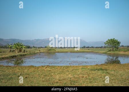 Landschaft über einem kleinen Teich mit Bergen in der Ferne bei einem Bauerndorf in der Nähe von Inle Lake, Nyaung Shwe, Shan State, Myanmar Stockfoto