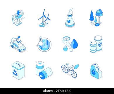 Eco Lifestyle - Moderne Linie isometrische Symbole Set. Recycling, Wassereinsparung, Energiesparkonzepte. Solarmodul, Windturbinen, Kühlturm, für Stock Vektor