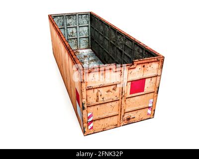 3D Rendering von großen orangefarbenen Industrieabfällen Müllcontainer auf weiß Stockfoto