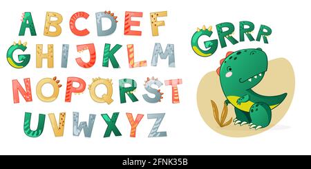 Cartoon niedlichen Dinosaurier Alphabet. Dino Schrift mit Buchstaben. Kinder Vektor-Illustration für T-Shirts, Karten, Poster, Geburtstagsfeiern, Papierdesign, Kinder- und Kinderzimmer-Design Stock Vektor