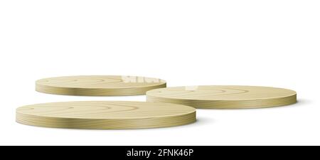 Ovale Holzschreibtische isoliert auf weißem Hintergrund. Runde Holzbretter mit Platz für Produktpräsentationen, Objektplatzierungen oder einige Präsentationen. Vektorgrafik. Stock Vektor