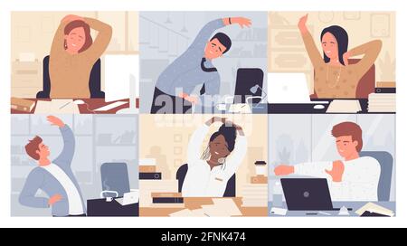 Office Fitness mit Business People Vektor Illustration Set. Cartoon Frau Mann Büroangestellte Charaktere tun körperliche gesunde Übungen, Geschäftsmann Stretching am Arbeitsplatz Sport Training Hintergrund Stock Vektor