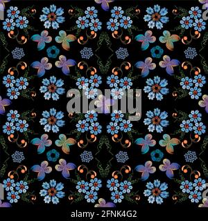 Fraktales nahtloses Muster von abstrakten Schmetterlingen und Blumen auf einem Schwarzer Hintergrund Stockfoto