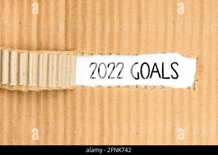 Dokumente mit den wichtigsten Zielen für 2022, geschrieben auf dem zerrissenen Deckel. Stockfoto