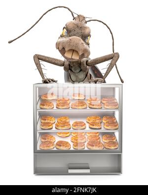 Kakerlake Cartoon ist hinter dem Donut-Rack, 3d-Illustration Stockfoto