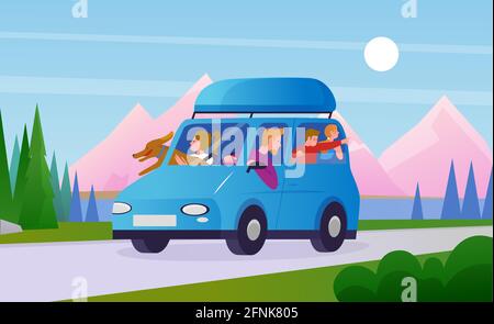 Familie Menschen reisen in Auto Vektor-Illustration. Cartoon glückliche Reisende, Vater Mutter Kinder Charaktere und Hund Haustier Fahrt im Auto, genießen Sie Auto Sommer Reisen auf Straße Hintergrund Stock Vektor