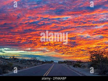 Strahlend Gefärbter Sonnenaufgang Mit Road In Desert Stockfoto