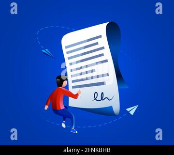 Die Leute fliegen um den Papiervertrag herum. Dokument-, Vertrags- oder Vertragskonzept. Vektorgrafik Stock Vektor