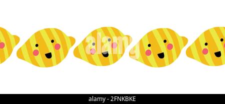 Zitronen nahtlose Grenze mit glücklich lächelndem Gesicht. Wiederholtes Kawaii-Muster horizontal für Kinder. Einrichtung mit Cartoon-Früchten. Gesunde Früchte Kinder Illustration Stock Vektor