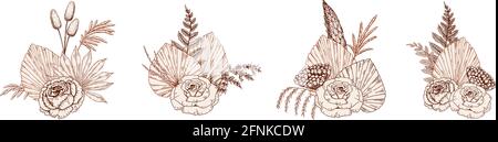 Set von handgezeichneten modernen Blumensträußen mit Rose, getrockneten Palmblättern und Pampagras. Vektorgrafik im Skizzenstil Stock Vektor