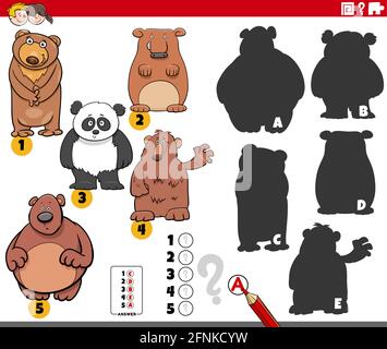 Cartoon-Illustration der Suche nach den richtigen Schatten zu den Bildern Lernspiel für Kinder mit Bären Tierfiguren Stock Vektor