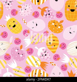 Niedliche Frucht nahtlose Hintergrund. Wiederholende Vektor-Muster lächelnde Früchte in Cartoon-Stil. Lustige Kinder Kawaii Textur mit Früchten Zeichen. Smiley Lemon Stock Vektor