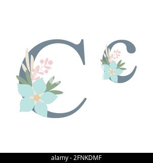 Buchstaben aus Alphabet mit Blumen verziert, florale Monogramm Vektor-Illustration in einfachen Boho-Stil, flache pastellfarbene dekorative Schriftzüge Stock Vektor