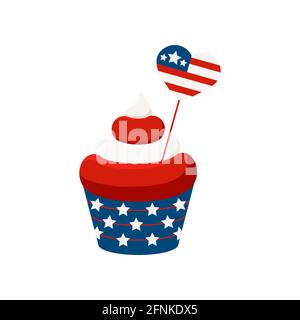 4. Juli Cupcake Süßigkeiten Essen mit herzförmiger Flagge. Stock Vektor