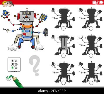 Cartoon Illustration der Suche nach dem Schatten ohne Unterschiede pädagogische Spiel Für Kinder mit lustigen Robotercharakter Stock Vektor