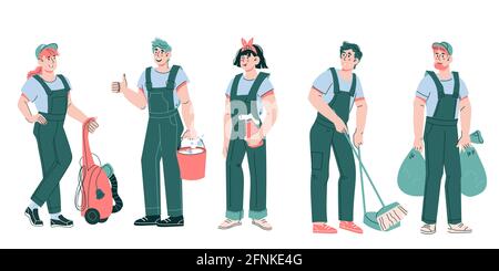 Reinigungsfirma Mitarbeiter Cartoon-Figuren - Frauen und Männer in grünen Uniform Overalls mit Reinigungswerkzeugen. Reinigungs- und Reinigungspersonal oder Reinigungsservice Stock Vektor