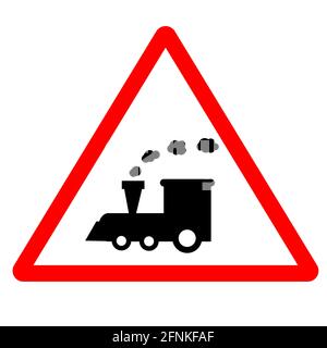 Zug Warnschild auf weißem Hintergrund. Bahnzug Bahnübergang Straßenschild. Eisenbahnsymbol. Flacher Stil. Stockfoto