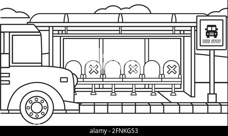 Hintergrund Schule Bushaltestelle und Schulbus in Street.Bus Haltestelle und viel Stuhl für Kids.Background Kinder Illustration Vektor. Stock Vektor