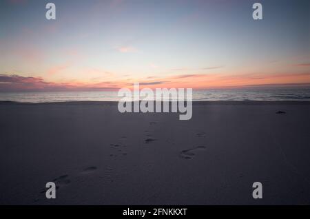 Wunderschöner Sonnenuntergang und Fußabdrücke im Sand des Strandes Eines Nationalparks in schweden Stockfoto