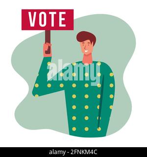 Junger Mann mit Stimmbanner für den Wahltag-Konzept-Vektor Abbildung in flacher Ausführung Stock Vektor