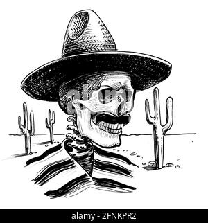 Toter mexikanischer Bandit in Sombrerobut in der Wüste. Tinte schwarz-weiß Zeichnung Stockfoto