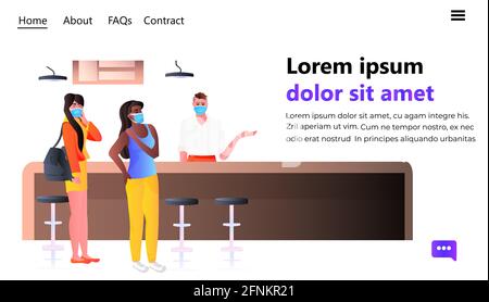 Mischen Sie Rennleute in Schutzmasken am Counter Desk in Cafe Coronavirus pandemische soziale Distanzierungskonzept Stock Vektor