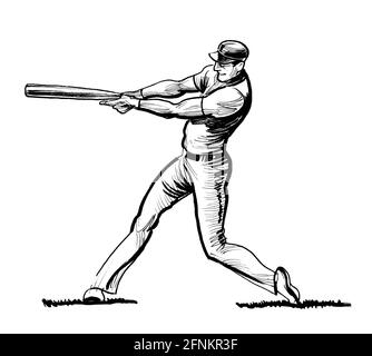 Baseball Spieler mit einer Fledermaus. Tinte schwarz-weiss Zeichnung Stockfoto