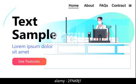 Apothekerin in Maske am Apothekentheke moderne Drogerieeinrichtung Medizin Gesundheitskonzept Stock Vektor