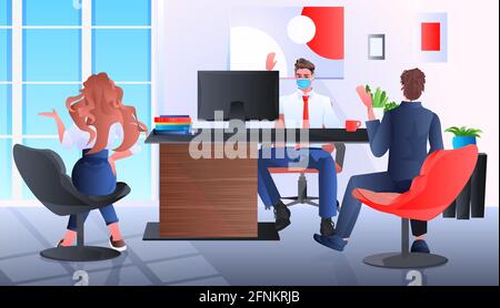 Geschäftsleute arbeiten in Masken zusammen, um während der Kommunikation mit Chat-Sprechblasen zu diskutieren Brainstorming Stock Vektor