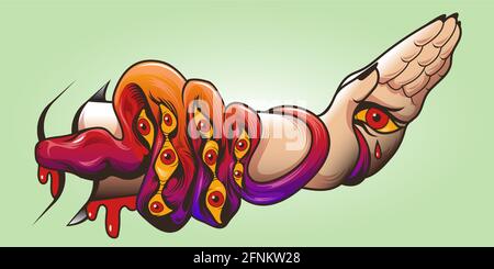 Tattoo-Kunst mit Schlange mit Muster der Augen auf der Haut und Frau Hand. Vektor abstrakte flache Illustration mit Schlange, okkultes Ornament. Konzept der Bibelverlockung von Serpent Stock Vektor