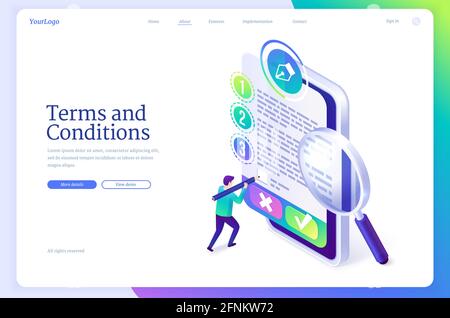 Banner zu den allgemeinen Geschäftsbedingungen. Geschäftsdokumente für die Einhaltung von Gesetzen, Vereinbarungen und Verträgen. Vektor Landing Page von Regeln und Nutzungsbedingungen mit isometrischem man und Online-Dokument Stock Vektor