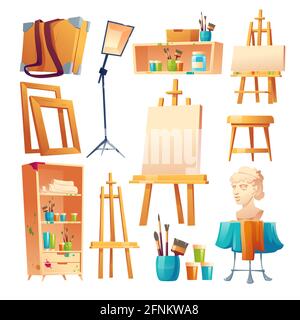 Künstlerstudio, Kunst im Klassenzimmer. Leinwand auf Staffelei, Pinsel, Holzregal und Hocker, Gipskopf, Rahmen für Bilder und Lampe isoliert auf weißem Hintergrund, Cartoon-Vektor-Illustration Stock Vektor