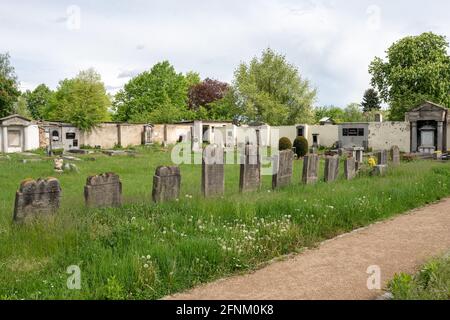 Linie historischer (vor dem 2. Weltkrieg) jüdischer Gräber auf dem städtischen Friedhof von Terezín (Theresienstadt). Stockfoto