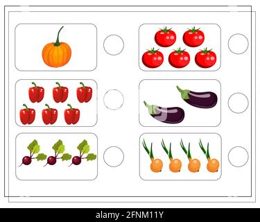 Mathe Spiel für Kinder, zählen, wie viele Elemente, Gemüse. Kürbis, Tomaten, Pfeffer, Rote Bete, Aubergine, Zwiebel. vektor isoliert auf weißem Hintergrund Stock Vektor